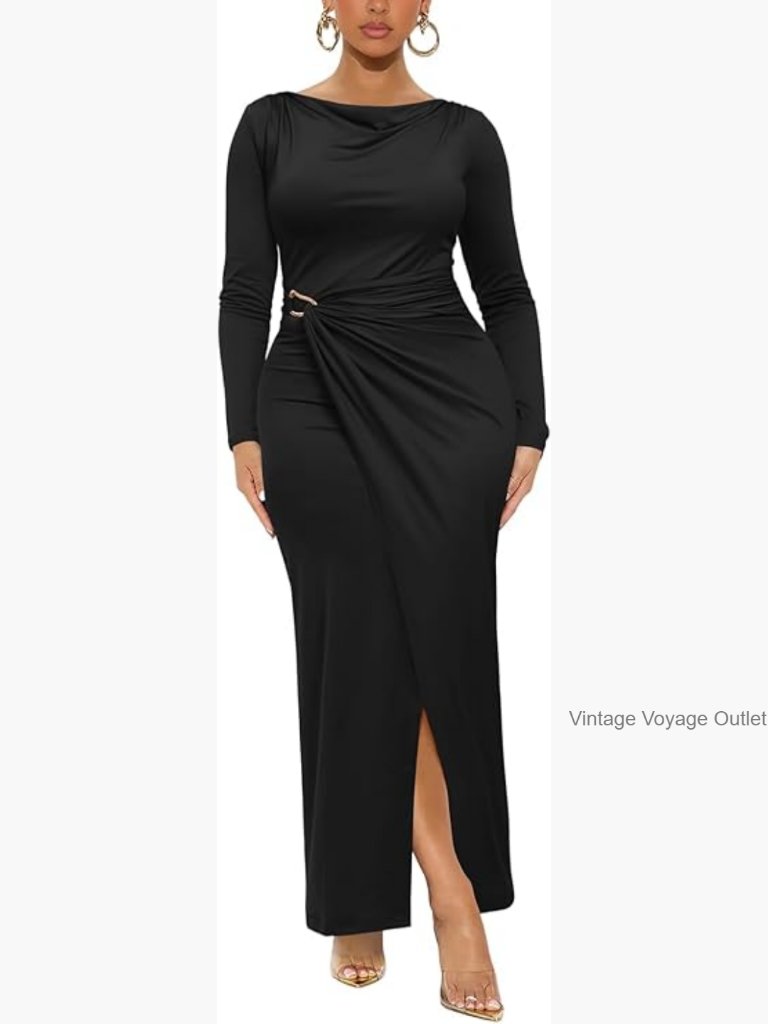 Bodycon Maxi Dress Long Sleeve Cowl Neck Side Slit Ruched